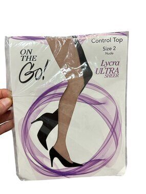 On The Go 2 Nude Ultra Sheer Control Top Pantyhose Lycra Nylon USA Retro NEW